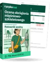 Pudełko dokumentu „Ocena obciążenia mięśniowo-szkieletowego” ze znakiem Ryzykomat i napisem „Plik Word (DOCX)” na froncie, ilustracja stanowiska „Ratownik wodny”; zza pudełka wystaje strona prawdziwego dokumentu z rozmytą treścią