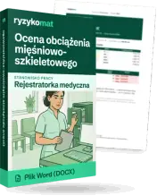 Pudełko dokumentu „Ocena obciążenia mięśniowo-szkieletowego” ze znakiem Ryzykomat i napisem „Plik Word (DOCX)” na froncie, ilustracja stanowiska „Rejestratorka medyczna”; zza pudełka wystaje strona prawdziwego dokumentu z rozmytą treścią