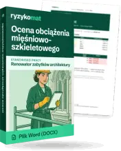 Pudełko dokumentu „Ocena obciążenia mięśniowo-szkieletowego” ze znakiem Ryzykomat i napisem „Plik Word (DOCX)” na froncie, ilustracja stanowiska „Renowator zabytków architektury”; zza pudełka wystaje strona prawdziwego dokumentu z rozmytą treścią