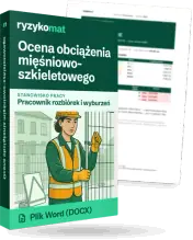 Pudełko dokumentu „Ocena obciążenia mięśniowo-szkieletowego” ze znakiem Ryzykomat i napisem „Plik Word (DOCX)” na froncie, ilustracja stanowiska „Pracownik rozbiórek i wyburzeń”; zza pudełka wystaje strona prawdziwego dokumentu z rozmytą treścią