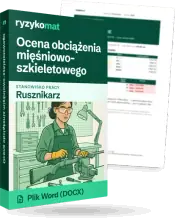 Pudełko dokumentu „Ocena obciążenia mięśniowo-szkieletowego” ze znakiem Ryzykomat i napisem „Plik Word (DOCX)” na froncie, ilustracja stanowiska „Rusznikarz”; zza pudełka wystaje strona prawdziwego dokumentu z rozmytą treścią
