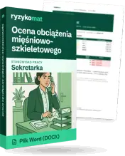 Pudełko dokumentu „Ocena obciążenia mięśniowo-szkieletowego” ze znakiem Ryzykomat i napisem „Plik Word (DOCX)” na froncie, ilustracja stanowiska „Sekretarka”; zza pudełka wystaje strona prawdziwego dokumentu z rozmytą treścią