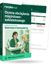 Pudełko dokumentu „Ocena obciążenia mięśniowo-szkieletowego” ze znakiem Ryzykomat i napisem „Plik Word (DOCX)” na froncie, ilustracja stanowiska „Sekretarz konsularny”; zza pudełka wystaje strona prawdziwego dokumentu z rozmytą treścią