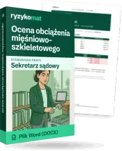 Pudełko dokumentu „Ocena obciążenia mięśniowo-szkieletowego” ze znakiem Ryzykomat i napisem „Plik Word (DOCX)” na froncie, ilustracja stanowiska „Sekretarz sądowy”; zza pudełka wystaje strona prawdziwego dokumentu z rozmytą treścią