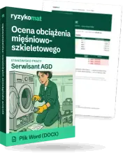 Pudełko dokumentu „Ocena obciążenia mięśniowo-szkieletowego” ze znakiem Ryzykomat i napisem „Plik Word (DOCX)” na froncie, ilustracja stanowiska „Serwisant AGD”; zza pudełka wystaje strona prawdziwego dokumentu z rozmytą treścią