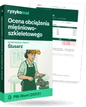 Pudełko dokumentu „Ocena obciążenia mięśniowo-szkieletowego” ze znakiem Ryzykomat i napisem „Plik Word (DOCX)” na froncie, ilustracja stanowiska „Ślusarz”; zza pudełka wystaje strona prawdziwego dokumentu z rozmytą treścią