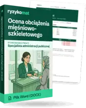 Pudełko dokumentu „Ocena obciążenia mięśniowo-szkieletowego” ze znakiem Ryzykomat i napisem „Plik Word (DOCX)” na froncie, ilustracja stanowiska „Specjalista administracji publicznej”; zza pudełka wystaje strona prawdziwego dokumentu z rozmytą treścią