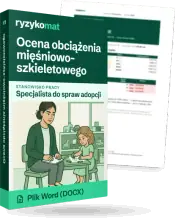 Pudełko dokumentu „Ocena obciążenia mięśniowo-szkieletowego” ze znakiem Ryzykomat i napisem „Plik Word (DOCX)” na froncie, ilustracja stanowiska „Specjalista do spraw adopcji”; zza pudełka wystaje strona prawdziwego dokumentu z rozmytą treścią
