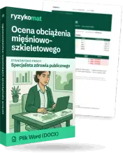 Pudełko dokumentu „Ocena obciążenia mięśniowo-szkieletowego” ze znakiem Ryzykomat i napisem „Plik Word (DOCX)” na froncie, ilustracja stanowiska „Specjalista zdrowia publicznego”; zza pudełka wystaje strona prawdziwego dokumentu z rozmytą treścią