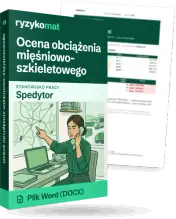 Pudełko dokumentu „Ocena obciążenia mięśniowo-szkieletowego” ze znakiem Ryzykomat i napisem „Plik Word (DOCX)” na froncie, ilustracja stanowiska „Spedytor”; zza pudełka wystaje strona prawdziwego dokumentu z rozmytą treścią