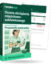 Pudełko dokumentu „Ocena obciążenia mięśniowo-szkieletowego” ze znakiem Ryzykomat i napisem „Plik Word (DOCX)” na froncie, ilustracja stanowiska „Pracownik stacji paliw”; zza pudełka wystaje strona prawdziwego dokumentu z rozmytą treścią