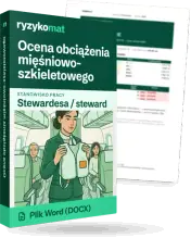 Pudełko dokumentu „Ocena obciążenia mięśniowo-szkieletowego” ze znakiem Ryzykomat i napisem „Plik Word (DOCX)” na froncie, ilustracja stanowiska „Stewardesa / steward”; zza pudełka wystaje strona prawdziwego dokumentu z rozmytą treścią