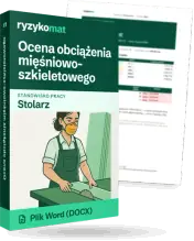 Pudełko dokumentu „Ocena obciążenia mięśniowo-szkieletowego” ze znakiem Ryzykomat i napisem „Plik Word (DOCX)” na froncie, ilustracja stanowiska „Stolarz”; zza pudełka wystaje strona prawdziwego dokumentu z rozmytą treścią