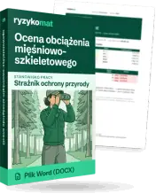 Pudełko dokumentu „Ocena obciążenia mięśniowo-szkieletowego” ze znakiem Ryzykomat i napisem „Plik Word (DOCX)” na froncie, ilustracja stanowiska „Strażnik ochrony przyrody”; zza pudełka wystaje strona prawdziwego dokumentu z rozmytą treścią