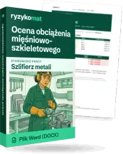 Pudełko dokumentu „Ocena obciążenia mięśniowo-szkieletowego” ze znakiem Ryzykomat i napisem „Plik Word (DOCX)” na froncie, ilustracja stanowiska „Szlifierz metali”; zza pudełka wystaje strona prawdziwego dokumentu z rozmytą treścią