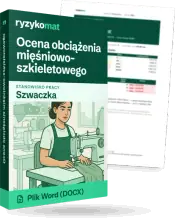 Pudełko dokumentu „Ocena obciążenia mięśniowo-szkieletowego” ze znakiem Ryzykomat i napisem „Plik Word (DOCX)” na froncie, ilustracja stanowiska „Szwaczka”; zza pudełka wystaje strona prawdziwego dokumentu z rozmytą treścią