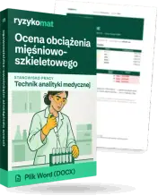 Pudełko dokumentu „Ocena obciążenia mięśniowo-szkieletowego” ze znakiem Ryzykomat i napisem „Plik Word (DOCX)” na froncie, ilustracja stanowiska „Technik analityki medycznej”; zza pudełka wystaje strona prawdziwego dokumentu z rozmytą treścią