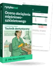 Pudełko dokumentu „Ocena obciążenia mięśniowo-szkieletowego” ze znakiem Ryzykomat i napisem „Plik Word (DOCX)” na froncie, ilustracja stanowiska „Technik dentystyczny”; zza pudełka wystaje strona prawdziwego dokumentu z rozmytą treścią