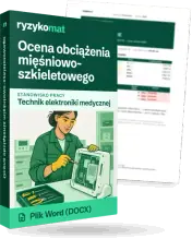 Pudełko dokumentu „Ocena obciążenia mięśniowo-szkieletowego” ze znakiem Ryzykomat i napisem „Plik Word (DOCX)” na froncie, ilustracja stanowiska „Technik elektroniki medycznej”; zza pudełka wystaje strona prawdziwego dokumentu z rozmytą treścią