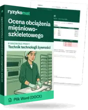Pudełko dokumentu „Ocena obciążenia mięśniowo-szkieletowego” ze znakiem Ryzykomat i napisem „Plik Word (DOCX)” na froncie, ilustracja stanowiska „Technik technologii żywności”; zza pudełka wystaje strona prawdziwego dokumentu z rozmytą treścią