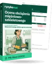 Pudełko dokumentu „Ocena obciążenia mięśniowo-szkieletowego” ze znakiem Ryzykomat i napisem „Plik Word (DOCX)” na froncie, ilustracja stanowiska „Właściciel małego obiektu agroturystycznego / hotelarskiego / gastronomicznego”; zza pudełka wystaje strona prawdziwego dokumentu z rozmytą treścią