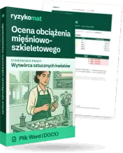 Pudełko dokumentu „Ocena obciążenia mięśniowo-szkieletowego” ze znakiem Ryzykomat i napisem „Plik Word (DOCX)” na froncie, ilustracja stanowiska „Wytwórca sztucznych kwiatów”; zza pudełka wystaje strona prawdziwego dokumentu z rozmytą treścią