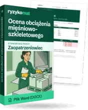 Pudełko dokumentu „Ocena obciążenia mięśniowo-szkieletowego” ze znakiem Ryzykomat i napisem „Plik Word (DOCX)” na froncie, ilustracja stanowiska „Zaopatrzeniowiec”; zza pudełka wystaje strona prawdziwego dokumentu z rozmytą treścią