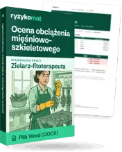 Pudełko dokumentu „Ocena obciążenia mięśniowo-szkieletowego” ze znakiem Ryzykomat i napisem „Plik Word (DOCX)” na froncie, ilustracja stanowiska „Zielarz-fitoterapeuta”; zza pudełka wystaje strona prawdziwego dokumentu z rozmytą treścią