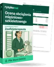Pudełko dokumentu „Ocena obciążenia mięśniowo-szkieletowego” ze znakiem Ryzykomat i napisem „Plik Word (DOCX)” na froncie, ilustracja stanowiska „Zoofizjoterapeuta”; zza pudełka wystaje strona prawdziwego dokumentu z rozmytą treścią