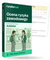 Pudełko dokumentu „Ocena ryzyka zawodowego” ze znakiem Ryzykomat i napisem „Plik Word (DOCX)” na froncie, ilustracja stanowiska „Ankieter”; zza pudełka wystaje strona prawdziwego dokumentu z rozmytą treścią
