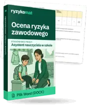 Pudełko dokumentu „Ocena ryzyka zawodowego” ze znakiem Ryzykomat i napisem „Plik Word (DOCX)” na froncie, ilustracja stanowiska „Asystent nauczyciela w szkole”; zza pudełka wystaje strona prawdziwego dokumentu z rozmytą treścią