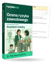 Pudełko dokumentu „Ocena ryzyka zawodowego” ze znakiem Ryzykomat i napisem „Plik Word (DOCX)” na froncie, ilustracja stanowiska „Asystent rodziny”; zza pudełka wystaje strona prawdziwego dokumentu z rozmytą treścią