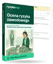 Pudełko dokumentu „Ocena ryzyka zawodowego” ze znakiem Ryzykomat i napisem „Plik Word (DOCX)” na froncie, ilustracja stanowiska „Behawiorysta zwierząt (zoopsycholog)”; zza pudełka wystaje strona prawdziwego dokumentu z rozmytą treścią