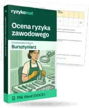 Pudełko dokumentu „Ocena ryzyka zawodowego” ze znakiem Ryzykomat i napisem „Plik Word (DOCX)” na froncie, ilustracja stanowiska „Bursztyniarz”; zza pudełka wystaje strona prawdziwego dokumentu z rozmytą treścią