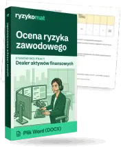 Pudełko dokumentu „Ocena ryzyka zawodowego” ze znakiem Ryzykomat i napisem „Plik Word (DOCX)” na froncie, ilustracja stanowiska „Dealer aktywów finansowych”; zza pudełka wystaje strona prawdziwego dokumentu z rozmytą treścią