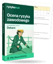 Pudełko dokumentu „Ocena ryzyka zawodowego” ze znakiem Ryzykomat i napisem „Plik Word (DOCX)” na froncie, ilustracja stanowiska „Dekarz”; zza pudełka wystaje strona prawdziwego dokumentu z rozmytą treścią