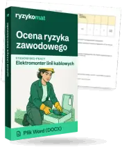 Pudełko dokumentu „Ocena ryzyka zawodowego” ze znakiem Ryzykomat i napisem „Plik Word (DOCX)” na froncie, ilustracja stanowiska „Elektromonter linii kablowych”; zza pudełka wystaje strona prawdziwego dokumentu z rozmytą treścią