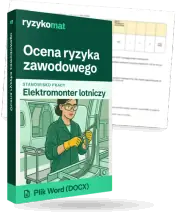 Pudełko dokumentu „Ocena ryzyka zawodowego” ze znakiem Ryzykomat i napisem „Plik Word (DOCX)” na froncie, ilustracja stanowiska „Elektromonter lotniczy”; zza pudełka wystaje strona prawdziwego dokumentu z rozmytą treścią