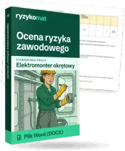 Pudełko dokumentu „Ocena ryzyka zawodowego” ze znakiem Ryzykomat i napisem „Plik Word (DOCX)” na froncie, ilustracja stanowiska „Elektromonter okrętowy”; zza pudełka wystaje strona prawdziwego dokumentu z rozmytą treścią