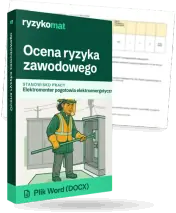 Pudełko dokumentu „Ocena ryzyka zawodowego” ze znakiem Ryzykomat i napisem „Plik Word (DOCX)” na froncie, ilustracja stanowiska „Elektromonter pogotowia elektroenergetycznego”; zza pudełka wystaje strona prawdziwego dokumentu z rozmytą treścią