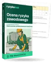 Pudełko dokumentu „Ocena ryzyka zawodowego” ze znakiem Ryzykomat i napisem „Plik Word (DOCX)” na froncie, ilustracja stanowiska „Elektromonter prefabrykowanych stacji transformatorowych”; zza pudełka wystaje strona prawdziwego dokumentu z rozmytą treścią