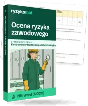 Pudełko dokumentu „Ocena ryzyka zawodowego” ze znakiem Ryzykomat i napisem „Plik Word (DOCX)” na froncie, ilustracja stanowiska „Elektromonter rozdzielni i podstacji trakcyjnych”; zza pudełka wystaje strona prawdziwego dokumentu z rozmytą treścią