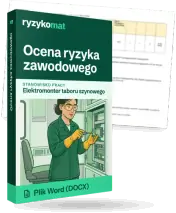 Pudełko dokumentu „Ocena ryzyka zawodowego” ze znakiem Ryzykomat i napisem „Plik Word (DOCX)” na froncie, ilustracja stanowiska „Elektromonter taboru szynowego”; zza pudełka wystaje strona prawdziwego dokumentu z rozmytą treścią