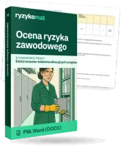 Pudełko dokumentu „Ocena ryzyka zawodowego” ze znakiem Ryzykomat i napisem „Plik Word (DOCX)” na froncie, ilustracja stanowiska „Elektromonter telekomunikacyjnych urządzeń zasilających”; zza pudełka wystaje strona prawdziwego dokumentu z rozmytą treścią