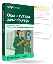 Pudełko dokumentu „Ocena ryzyka zawodowego” ze znakiem Ryzykomat i napisem „Plik Word (DOCX)” na froncie, ilustracja stanowiska „Elektromonter układów pomiarowych i automatyki zabezpieczeniowej”; zza pudełka wystaje strona prawdziwego dokumentu z rozmytą treścią