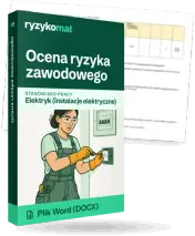 Pudełko dokumentu „Ocena ryzyka zawodowego” ze znakiem Ryzykomat i napisem „Plik Word (DOCX)” na froncie, ilustracja stanowiska „Elektryk (instalacje elektryczne)”; zza pudełka wystaje strona prawdziwego dokumentu z rozmytą treścią