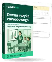 Pudełko dokumentu „Ocena ryzyka zawodowego” ze znakiem Ryzykomat i napisem „Plik Word (DOCX)” na froncie, ilustracja stanowiska „Ewaluator programów edukacji”; zza pudełka wystaje strona prawdziwego dokumentu z rozmytą treścią