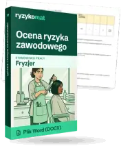 Pudełko dokumentu „Ocena ryzyka zawodowego” ze znakiem Ryzykomat i napisem „Plik Word (DOCX)” na froncie, ilustracja stanowiska „Fryzjer”; zza pudełka wystaje strona prawdziwego dokumentu z rozmytą treścią