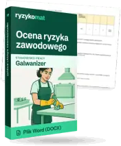 Pudełko dokumentu „Ocena ryzyka zawodowego” ze znakiem Ryzykomat i napisem „Plik Word (DOCX)” na froncie, ilustracja stanowiska „Galwanizer”; zza pudełka wystaje strona prawdziwego dokumentu z rozmytą treścią