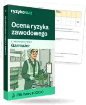 Pudełko dokumentu „Ocena ryzyka zawodowego” ze znakiem Ryzykomat i napisem „Plik Word (DOCX)” na froncie, ilustracja stanowiska „Garmażer”; zza pudełka wystaje strona prawdziwego dokumentu z rozmytą treścią